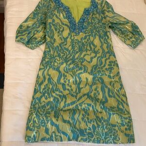 Lily Pulitzer Vibrant Green and Turquoise Dress with silver metallic threads